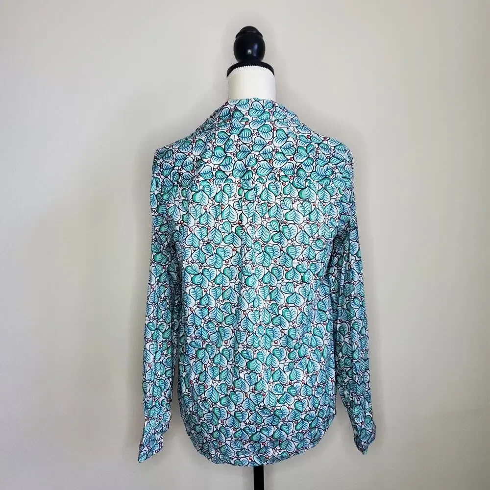 J.Crew Green & Blue Foliage Print Cotton Blouse Size 8